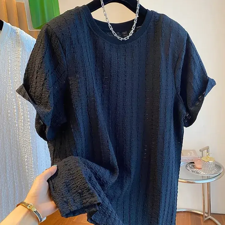 Extra Large Size 300 Pounds Texture Folded T-Shirt Women Short Sleeve Loose Top Summer 2025 Polyester Fiber Crew Neck