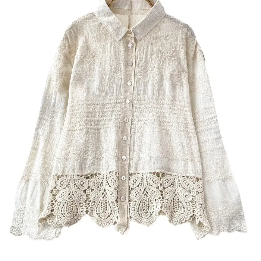 Elegant Long Sleeve Loose Collar Single Button Cotton Embroidered Lace Patchwork Shirt Top for Women Spring Autumn Fashion