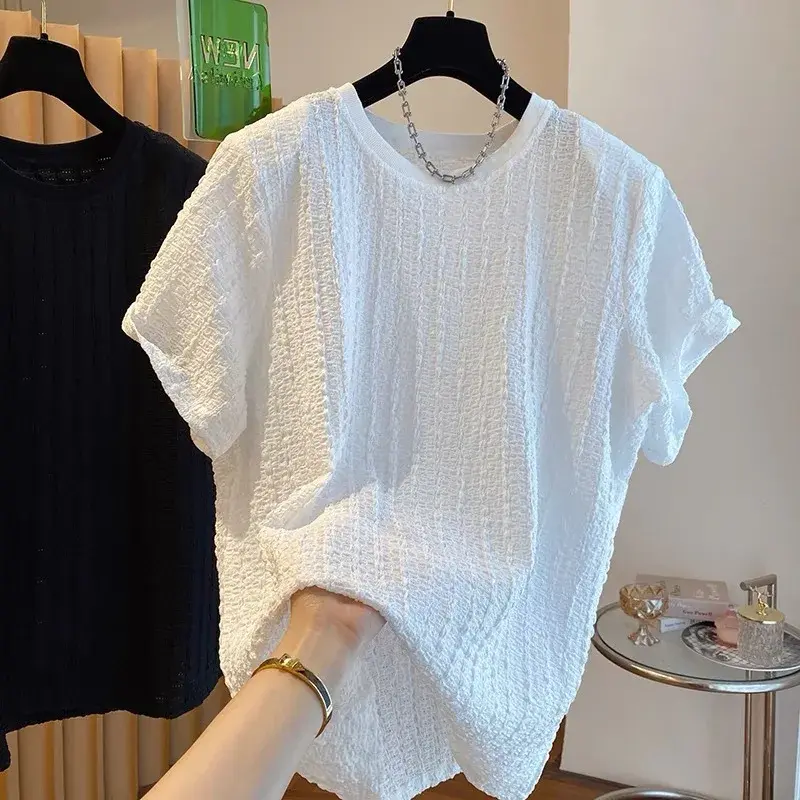 Extra Large Size 300 Pounds Texture Folded T-Shirt Women Short Sleeve Loose Top Summer 2025 Polyester Fiber Crew Neck