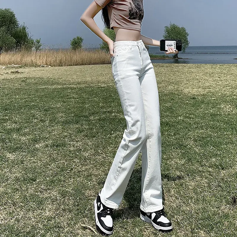 High Waist Straight Leg Jeans Women's Loose Fit High Street Hong Kong Style Tall Ladies Floor-Length Smoking Pants Trendy