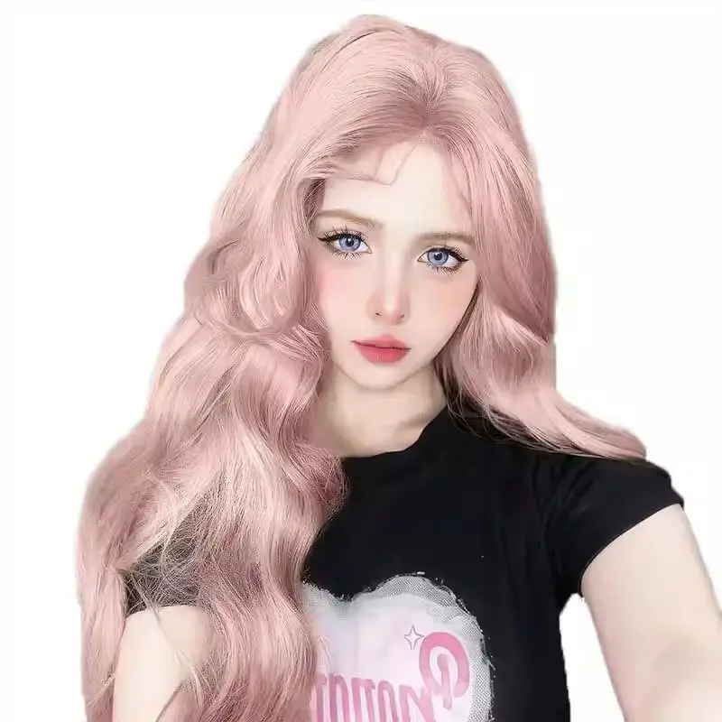 Light Pink Middle Part Long Curls Wig Women's Lolita Princess Daily Full Head Cover Fake Hair Asian Fiber Mechanism Hair