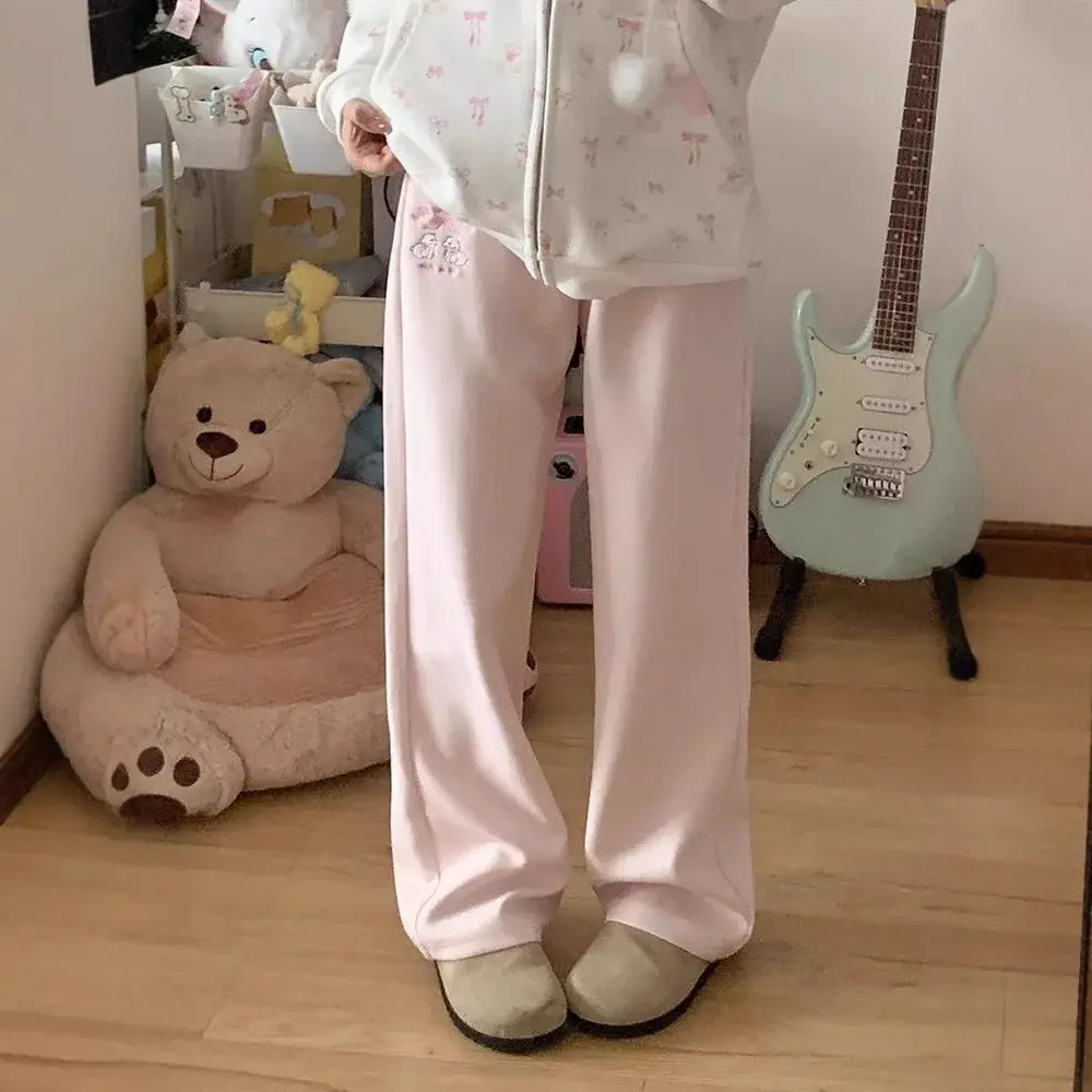 CartoonCasual Women's Loose-Fit Fleece-Lined Wide-Leg Trousers Autumn/Winter Embroidered Sweet Butterfly Design Waist Head In St