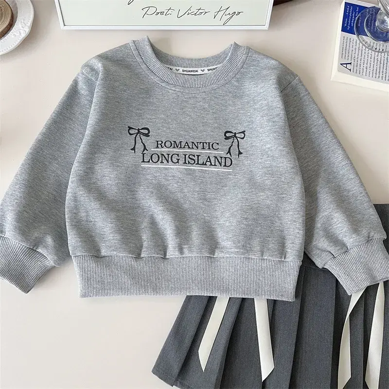 2024 Autumn New Children's Suit Korean Style Sweatshirt Bow2-Piece Set Round Neck Sweatshirt Kids Fashionable Casual Wear