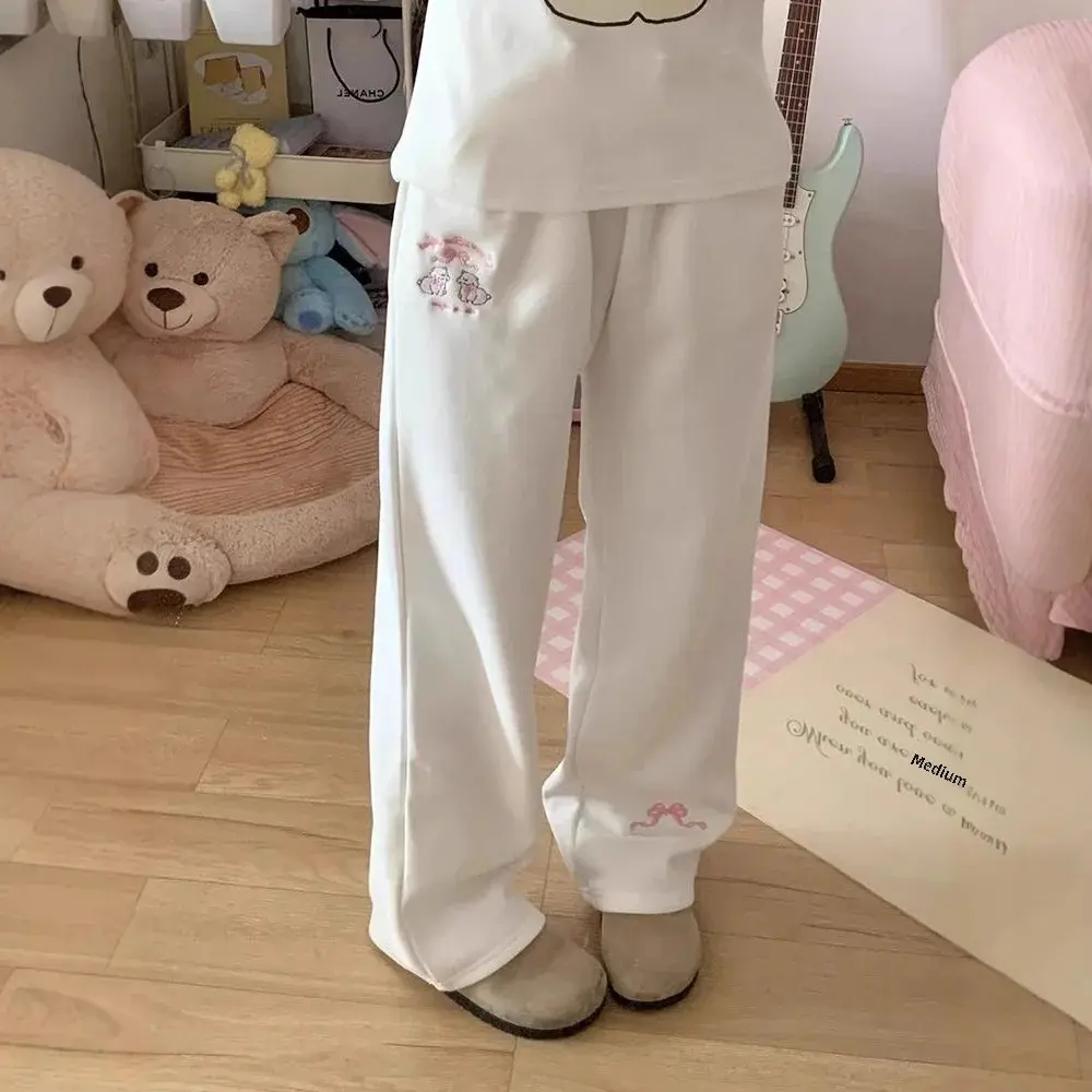 CartoonCasual Women's Loose-Fit Fleece-Lined Wide-Leg Trousers Autumn/Winter Embroidered Sweet Butterfly Design Waist Head In St