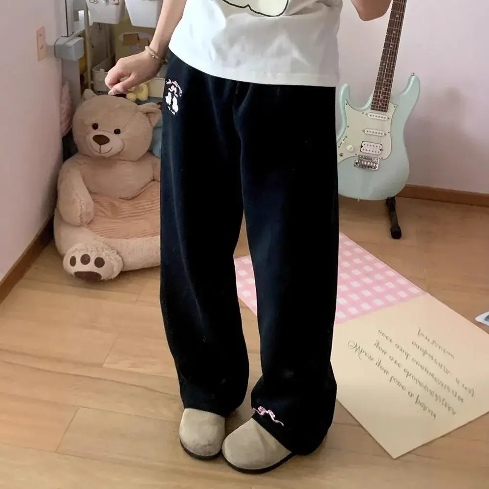 CartoonCasual Women's Loose-Fit Fleece-Lined Wide-Leg Trousers Autumn/Winter Embroidered Sweet Butterfly Design Waist Head In St