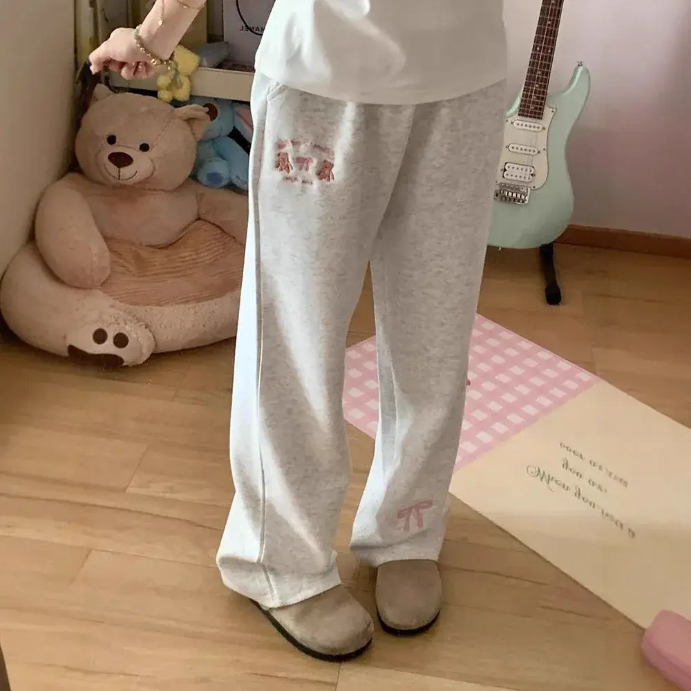 CartoonCasual Women's Loose-Fit Fleece-Lined Wide-Leg Trousers Autumn/Winter Embroidered Sweet Butterfly Design Waist Head In St