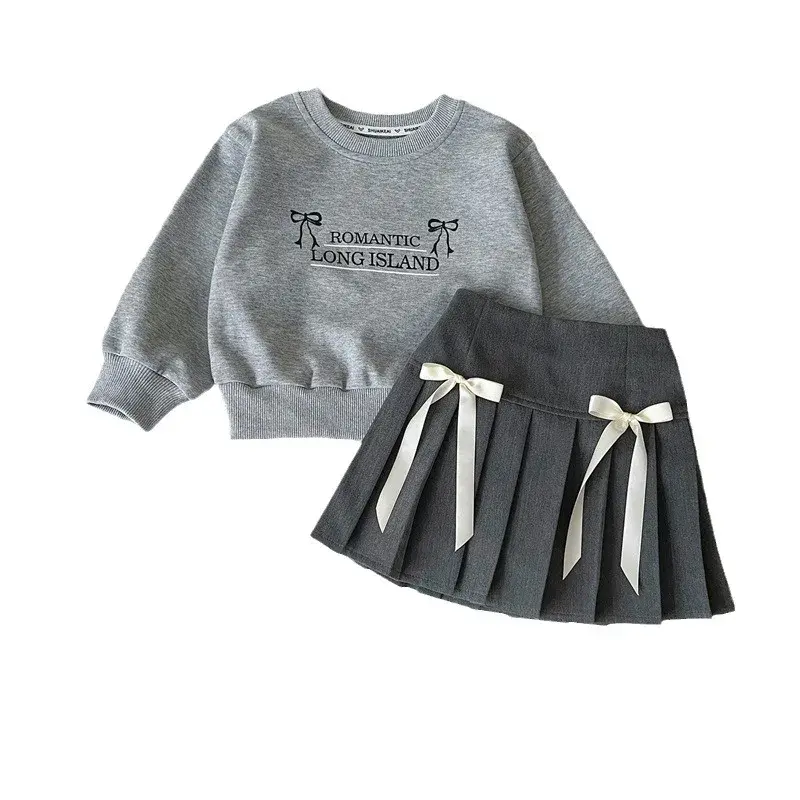 2024 Autumn New Children's Suit Korean Style Sweatshirt Bow2-Piece Set Round Neck Sweatshirt Kids Fashionable Casual Wear
