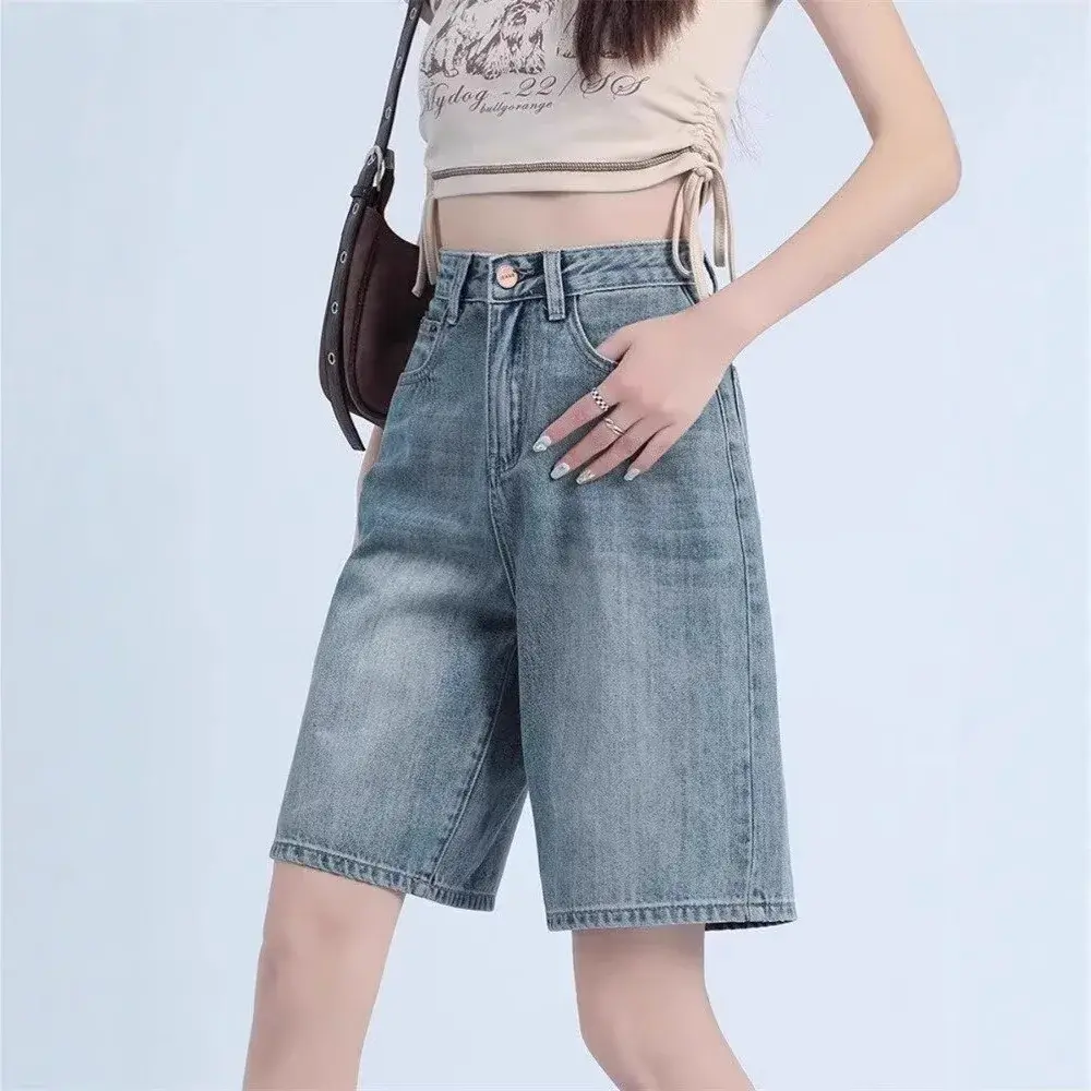 Fashionable Minimalist High Waist Five-Point Denim Shorts Women Summer Thin New Arrival Straight Leg Wide Leg Mid-Length Pants