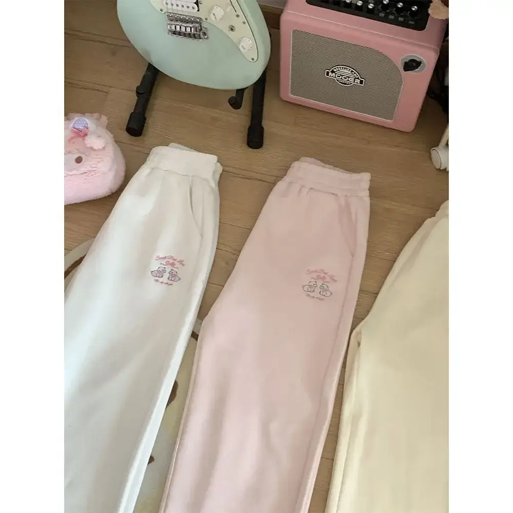 Cute Embroidered Fleece Lined Sporty Casual Straight Leg Pants Women's Autumn Winter Thickened Loose Fit Sweatpants