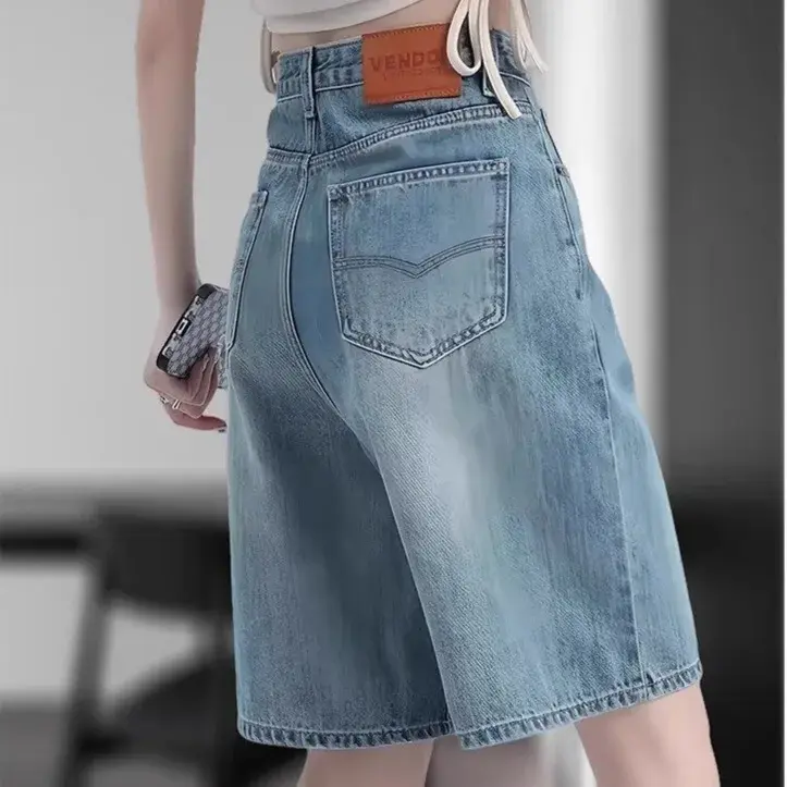 Fashionable Minimalist High Waist Five-Point Denim Shorts Women Summer Thin New Arrival Straight Leg Wide Leg Mid-Length Pants
