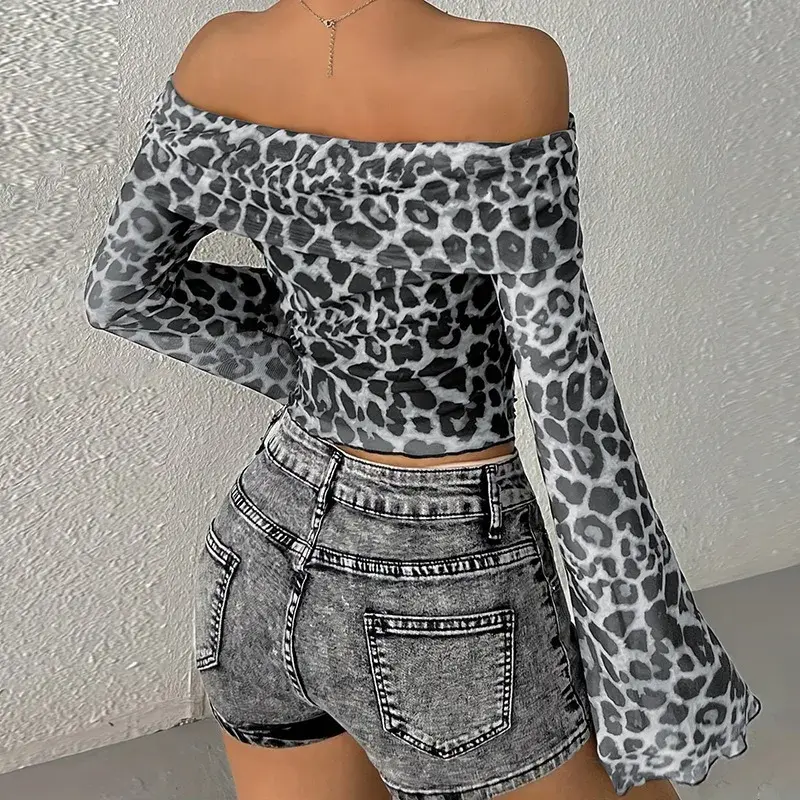Sexy Summer Long Sleeve Belly Baring Printed Base Layer Spicy Girl One Shoulder Top Cat Print Polyester Fiber Women's T-shirt
