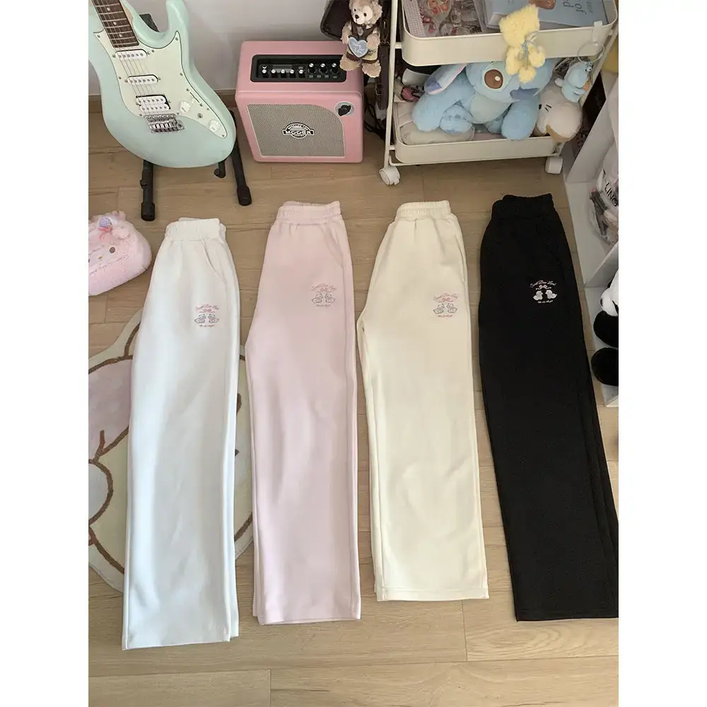 Cute Embroidered Fleece Lined Sporty Casual Straight Leg Pants Women's Autumn Winter Thickened Loose Fit Sweatpants