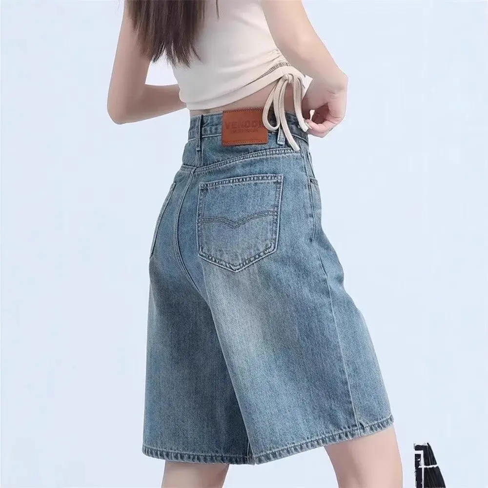 Fashionable Minimalist High Waist Five-Point Denim Shorts Women Summer Thin New Arrival Straight Leg Wide Leg Mid-Length Pants