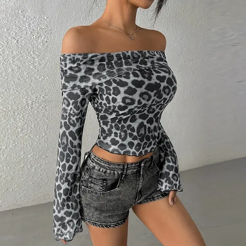 Sexy Summer Long Sleeve Belly Baring Printed Base Layer Spicy Girl One Shoulder Top Cat Print Polyester Fiber Women's T-shirt