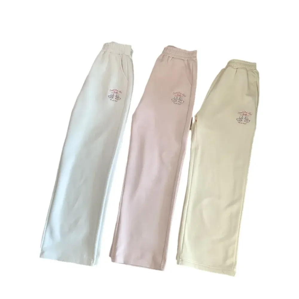 Cute Embroidered Fleece Lined Sporty Casual Straight Leg Pants Women's Autumn Winter Thickened Loose Fit Sweatpants