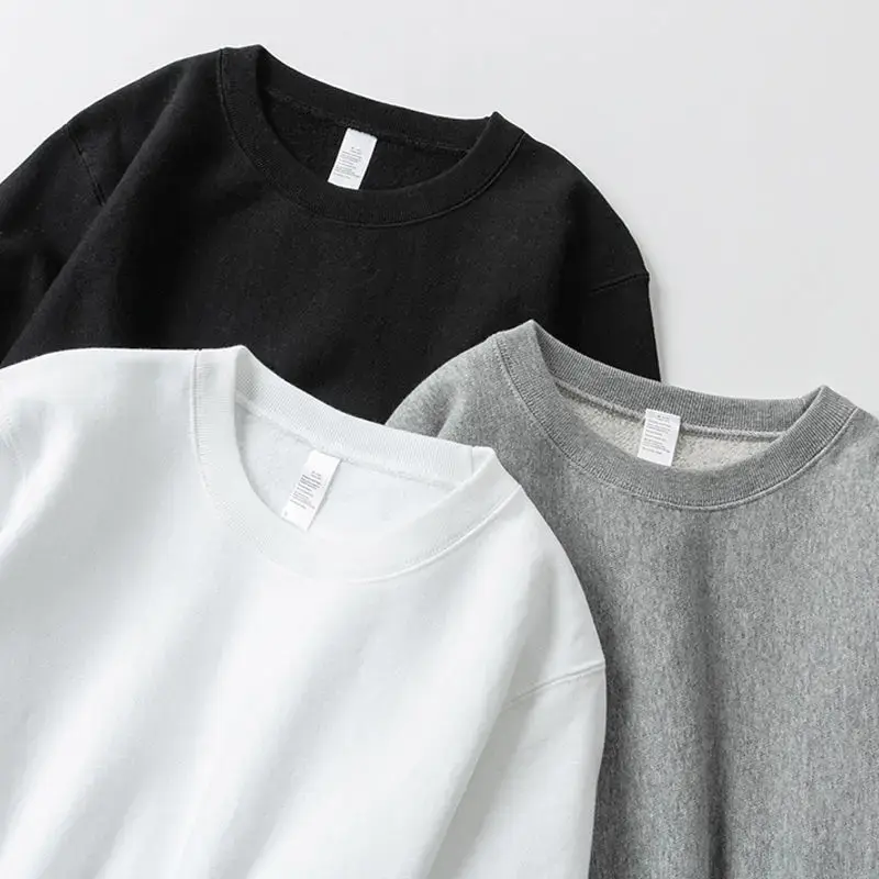 Heavyweight Basic Crew Neck Sweatshirt 460g Pure Cotton Fleece Lined Loose Fit Unisex Winter Top in Black White And Grey