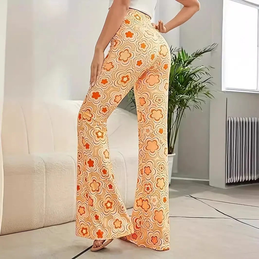 X6043 Women's Fashionable Trendy Digital Printing Bell Elastic Trousers European American Cross-border Style For All Seasons