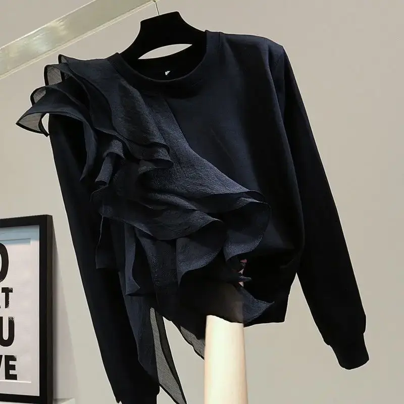 Casual Short Sleeve T-Shirt Women's Loose Fit Versatile Top Korean Brand New Style Ruffles Edge Splicing Trendy Streetwear