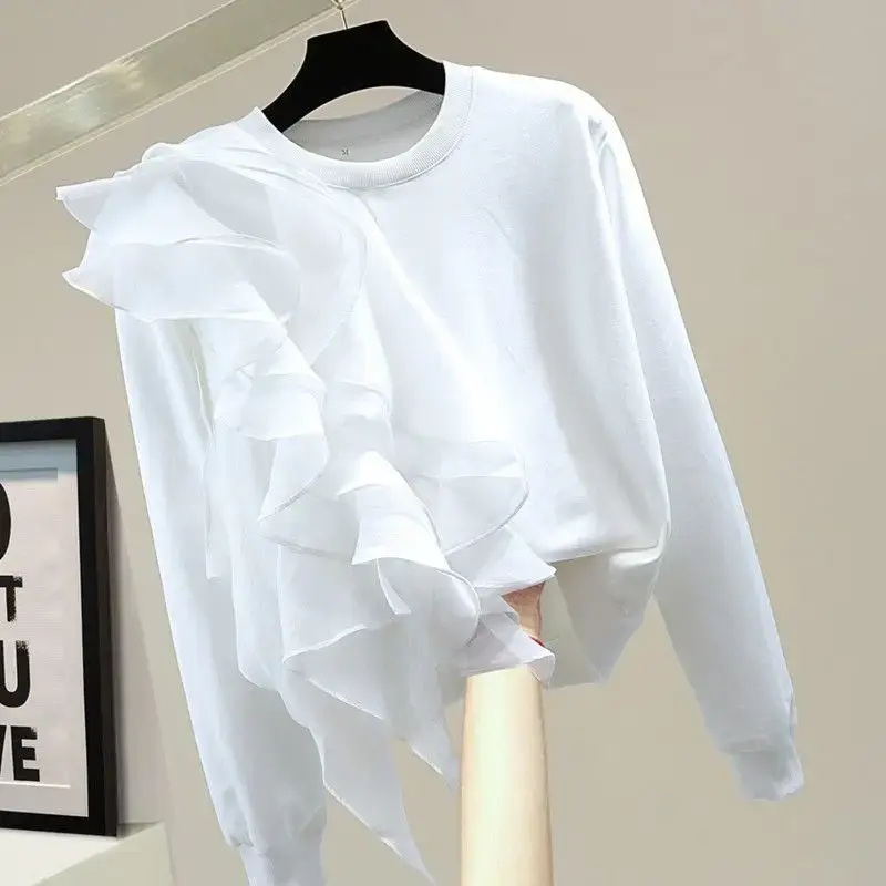 Casual Short Sleeve T-Shirt Women's Loose Fit Versatile Top Korean Brand New Style Ruffles Edge Splicing Trendy Streetwear