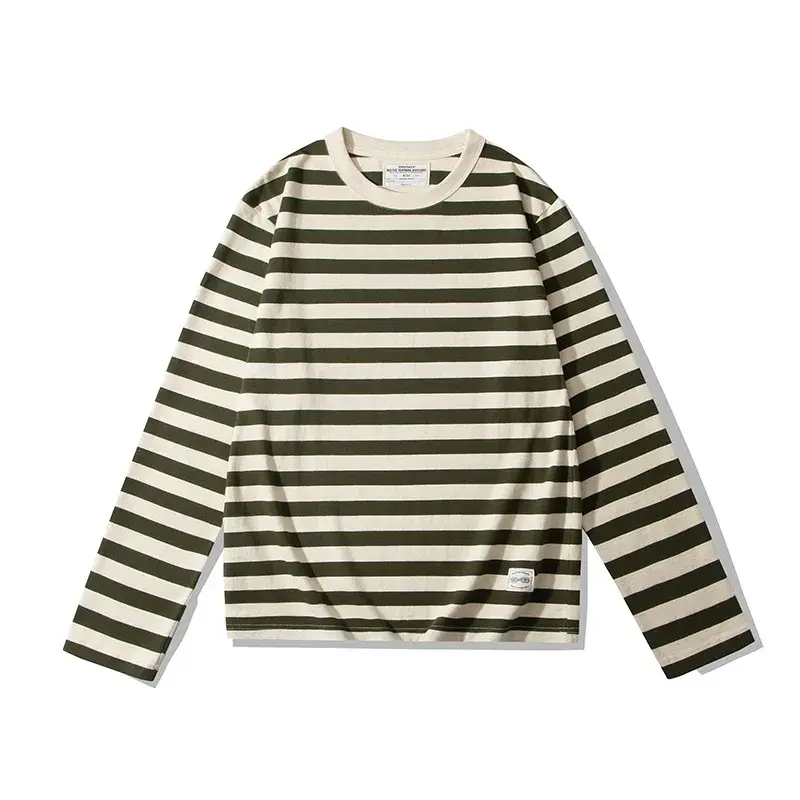 OKONKWO Long Sleeve Striped T-Shirt 230g Heavy Duty Round Neck Couple Style Tops For Men And Women Sea Shell Shirt
