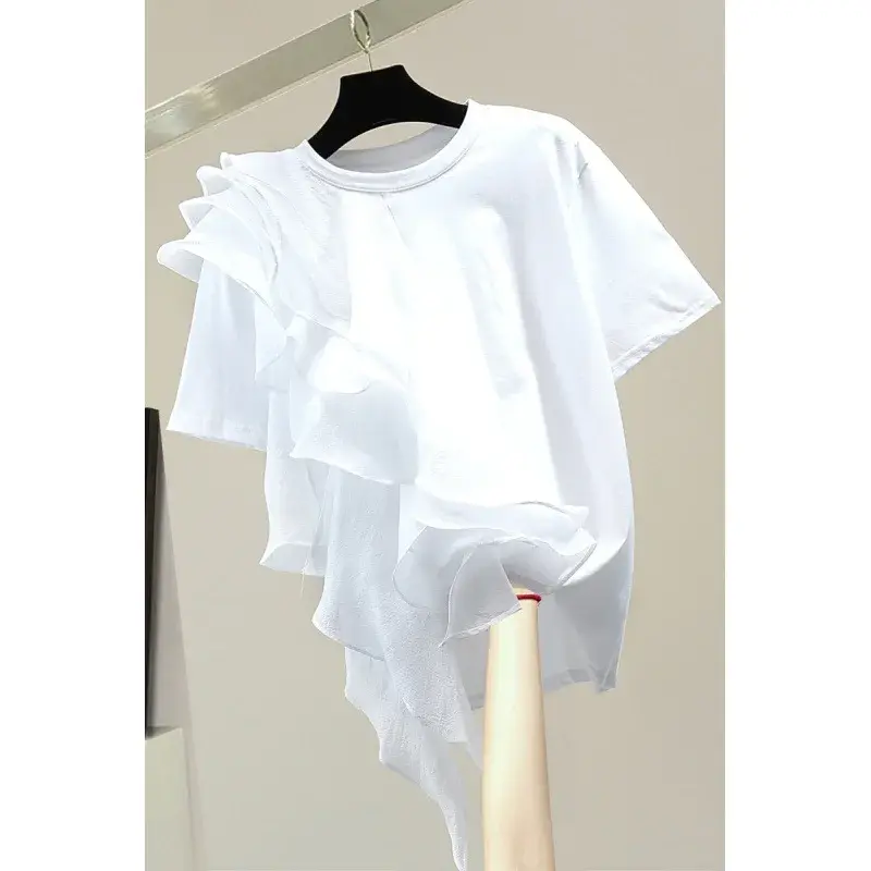 Casual Short Sleeve T-Shirt Women's Loose Fit Versatile Top Korean Brand New Style Ruffles Edge Splicing Trendy Streetwear