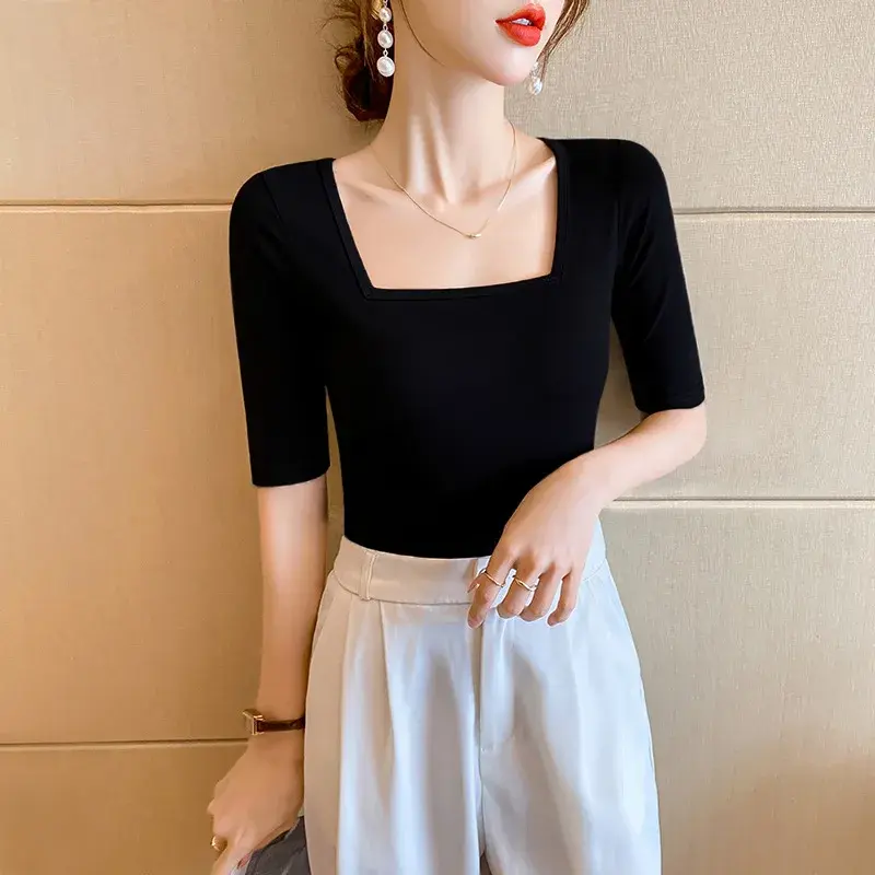 Black Square Collar Half Sleeve T-Shirt Women Pure Cotton Low Collar Slim Fit Base Shirt Spring Summer New Arrival Five Sleeve