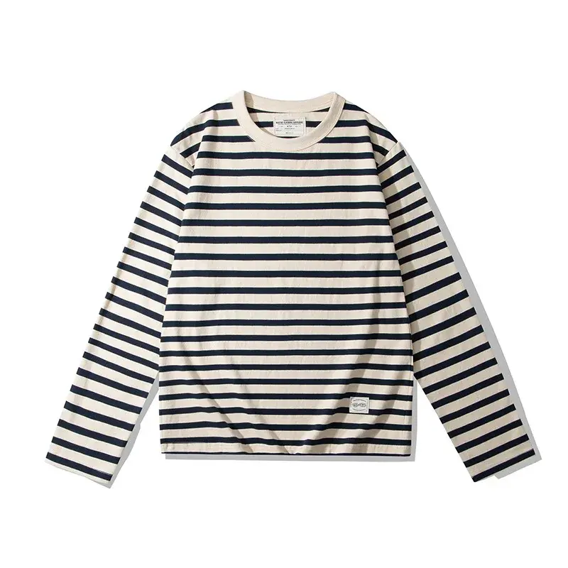 OKONKWO Long Sleeve Striped T-Shirt 230g Heavy Duty Round Neck Couple Style Tops For Men And Women Sea Shell Shirt