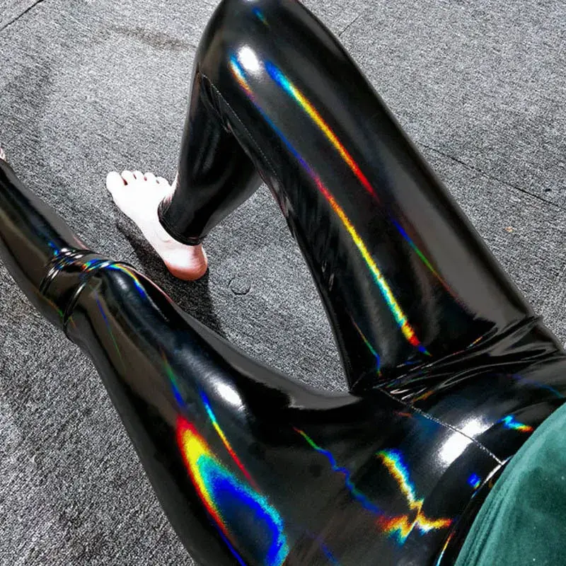 Sexy Colorful Mirror Finish Patent Leather PU Lace-Up Leggings Lightweight Summer Tightening Pants Explosive European Style