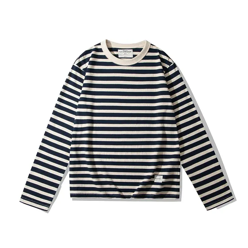 OKONKWO Long Sleeve Striped T-Shirt 230g Heavy Duty Round Neck Couple Style Tops For Men And Women Sea Shell Shirt