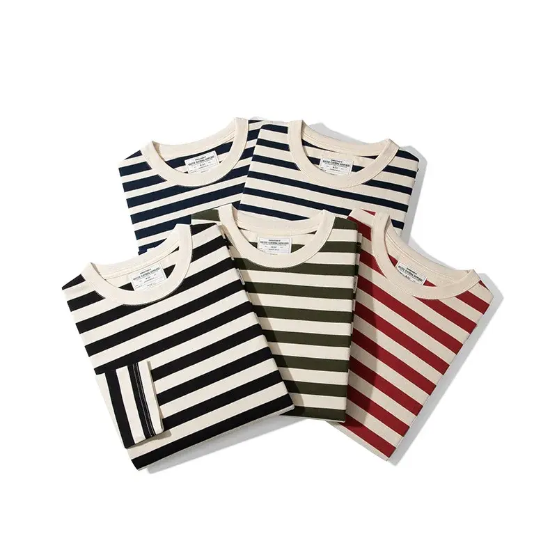 OKONKWO Long Sleeve Striped T-Shirt 230g Heavy Duty Round Neck Couple Style Tops For Men And Women Sea Shell Shirt