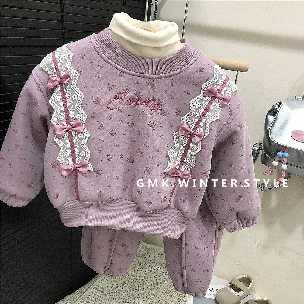 Girls Floral Cotton Blend Two-Piece Suit Children's Winter Clothing Sweet Style Korean Version Camel Hair Simulation Kids Outfit