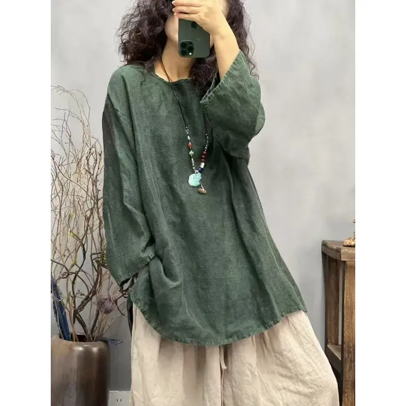 Casual Cotton Linen Women's Top Artistic Versatile Spring Summer New Arrival Crew Neck T-shirt Comfortable Breathable Female Gar