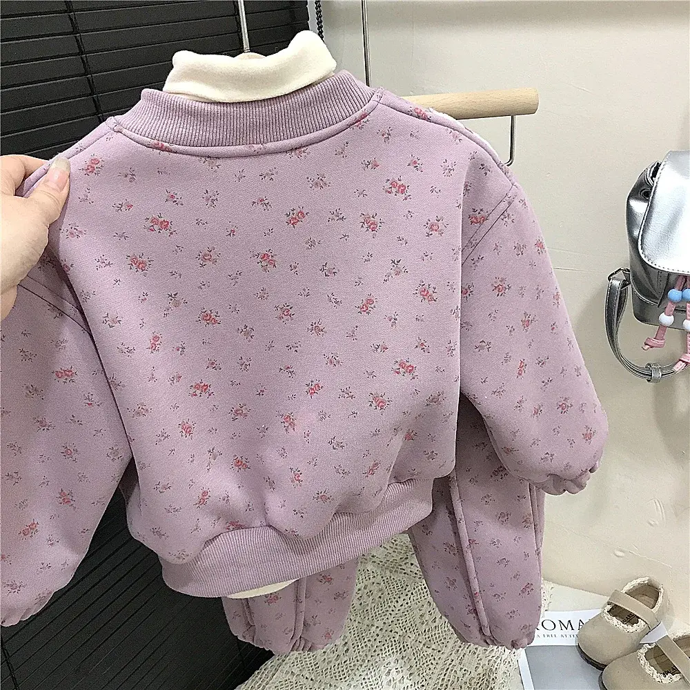 Girls Floral Cotton Blend Two-Piece Suit Children's Winter Clothing Sweet Style Korean Version Camel Hair Simulation Kids Outfit