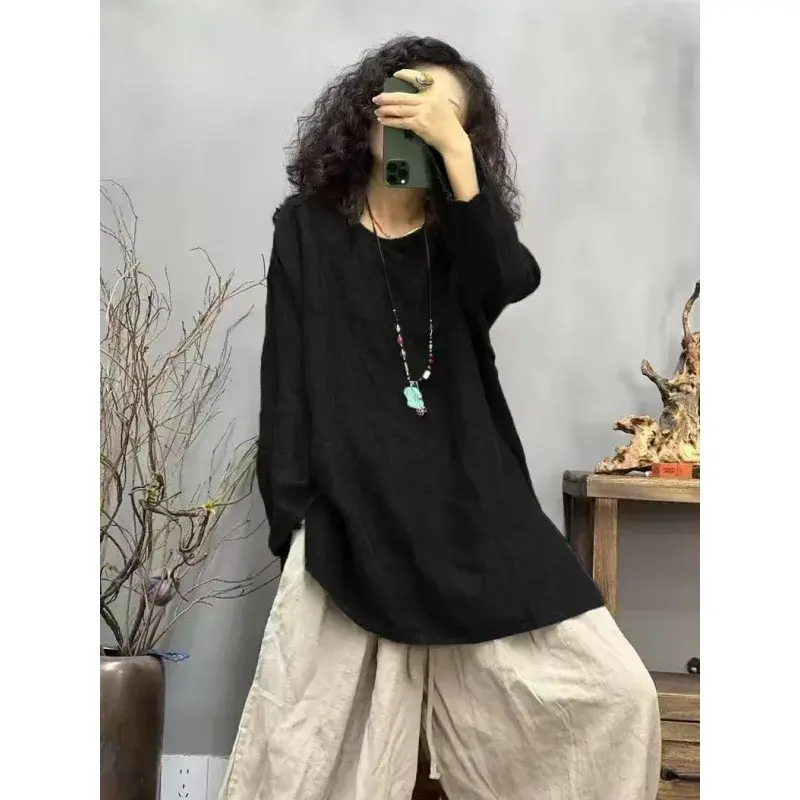 Casual Cotton Linen Women's Top Artistic Versatile Spring Summer New Arrival Crew Neck T-shirt Comfortable Breathable Female Gar