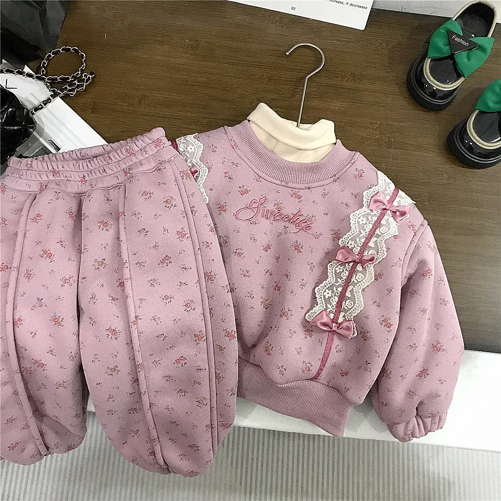 Girls Floral Cotton Blend Two-Piece Suit Children's Winter Clothing Sweet Style Korean Version Camel Hair Simulation Kids Outfit