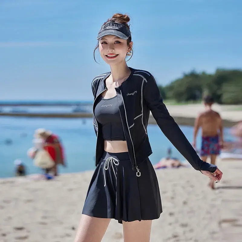 New 2025 Women's Bikini Set Three-Piece Slimming Small Chest Gathered Hot Spring Soaking Korean INS Style Swimsuit Divided