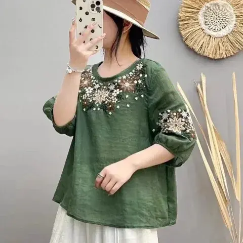 Loose Cotton Linen Embroidered Heavy Work Summer Shirt Women's Crew Neck Short Sleeve Top Slimming Effectiveness