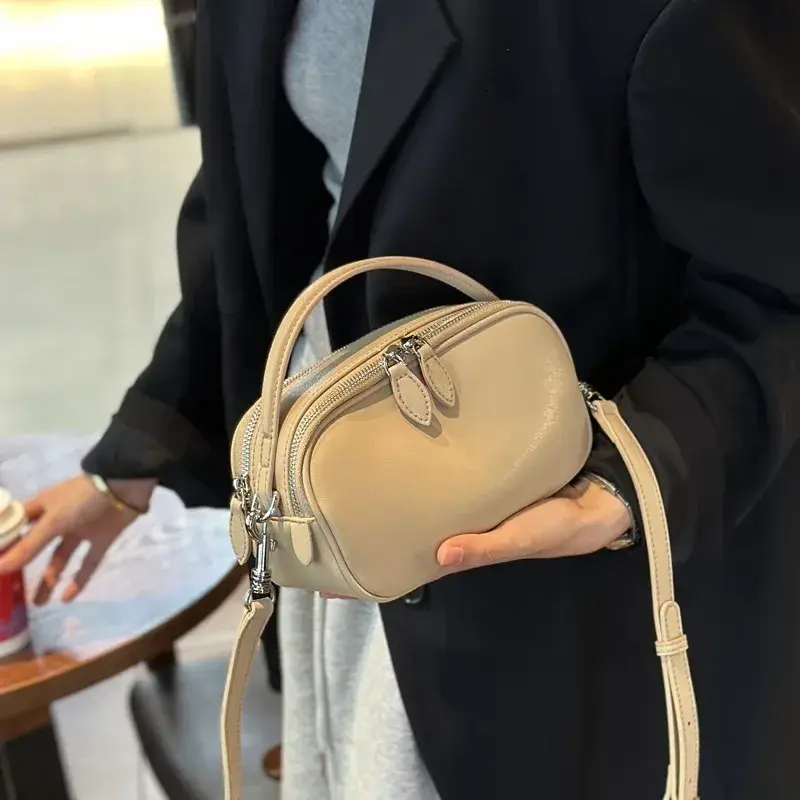 2024 Summer New Style Genuine Leather Single Shoulder Slant Cross Small Bag Double Zip Handbag Soft Cow Leather Casual Women's B