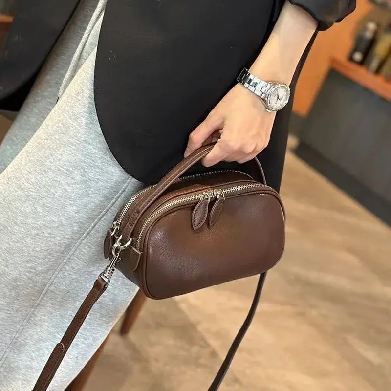 2024 Summer New Style Genuine Leather Single Shoulder Slant Cross Small Bag Double Zip Handbag Soft Cow Leather Casual Women's B