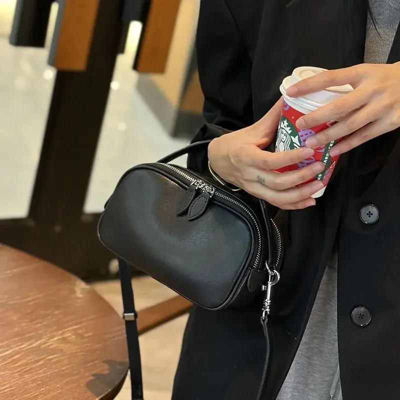 2024 Summer New Style Genuine Leather Single Shoulder Slant Cross Small Bag Double Zip Handbag Soft Cow Leather Casual Women's B