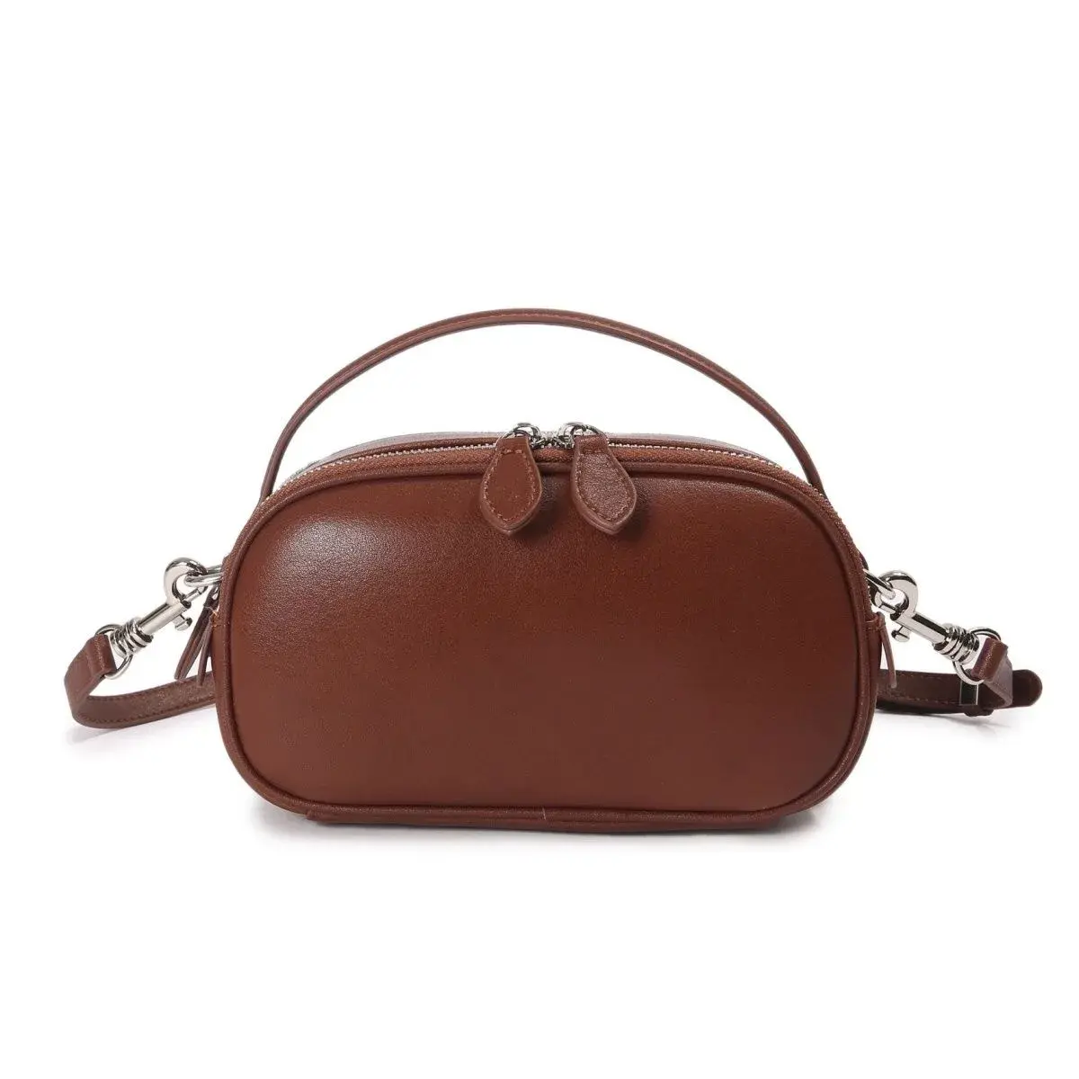 2024 Summer New Style Genuine Leather Single Shoulder Slant Cross Small Bag Double Zip Handbag Soft Cow Leather Casual Women's B