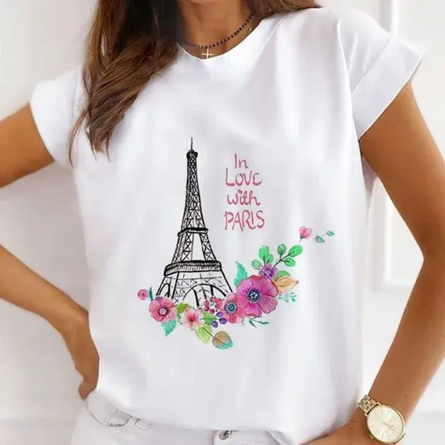 Plus Size Women's Short Sleeve T-Shirt Paris Eiffel Tower Print Base Shirt Floral Decor Independent Station Cross-Border