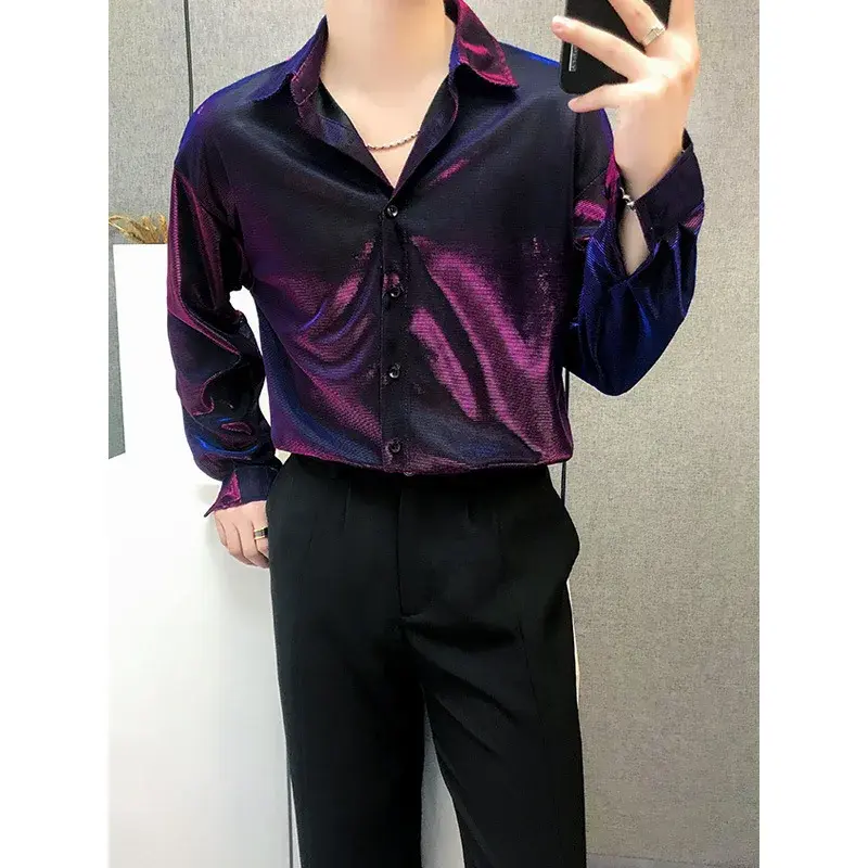 2024 Reflective Bright Face Men's Shirt Spring Autumn Casual Loose Fit Long Sleeve Button-Down Collarless Dance Shirt