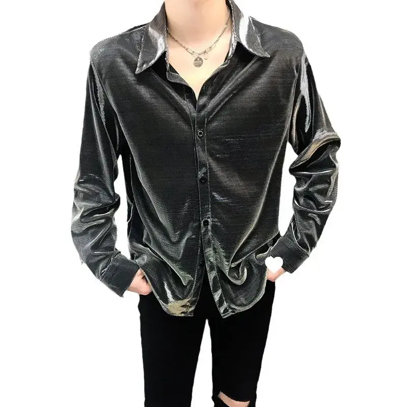 2024 Reflective Bright Face Men's Shirt Spring Autumn Casual Loose Fit Long Sleeve Button-Down Collarless Dance Shirt