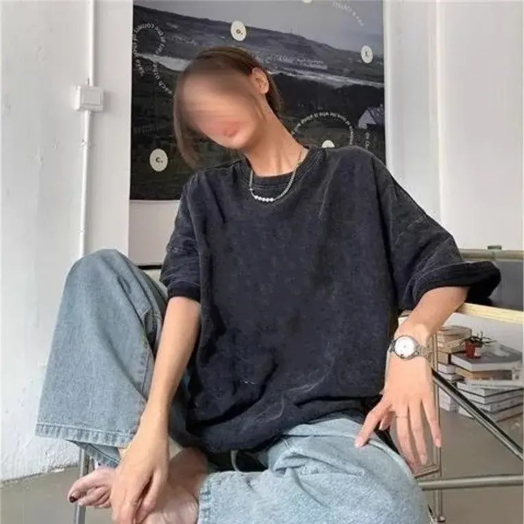 Washed Black Heavyweight Short Sleeve T-Shirt Loose Fit Crew Neck Solid Color American Hip Hop Style Shoulder Drop Top for Coupl