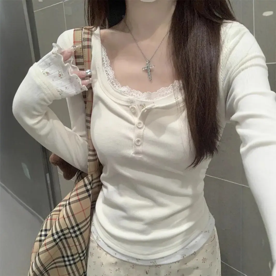 Korean Style Color Blocking Lace Flower Long Sleeve T-Shirt Women's Clothing Autumn 2024 New Age-Reducing Button Inner Top