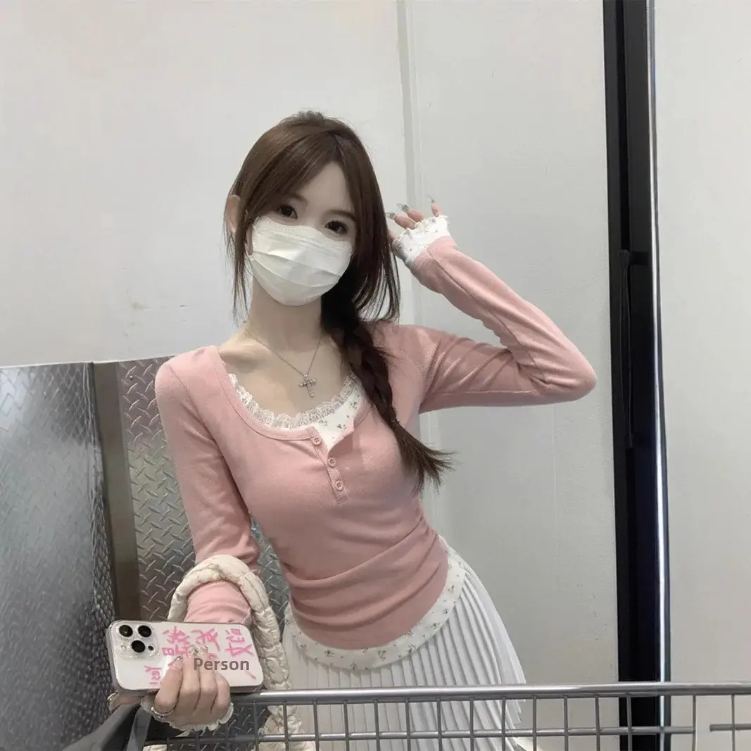Korean Style Color Blocking Lace Flower Long Sleeve T-Shirt Women's Clothing Autumn 2024 New Age-Reducing Button Inner Top