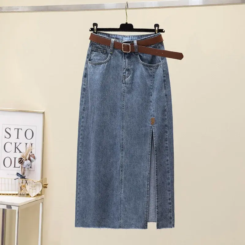 Clearance Sale: High-Waisted Embroidered Denim Skirt Women's Summer A- Line Side Slit Specialty Store Clothing