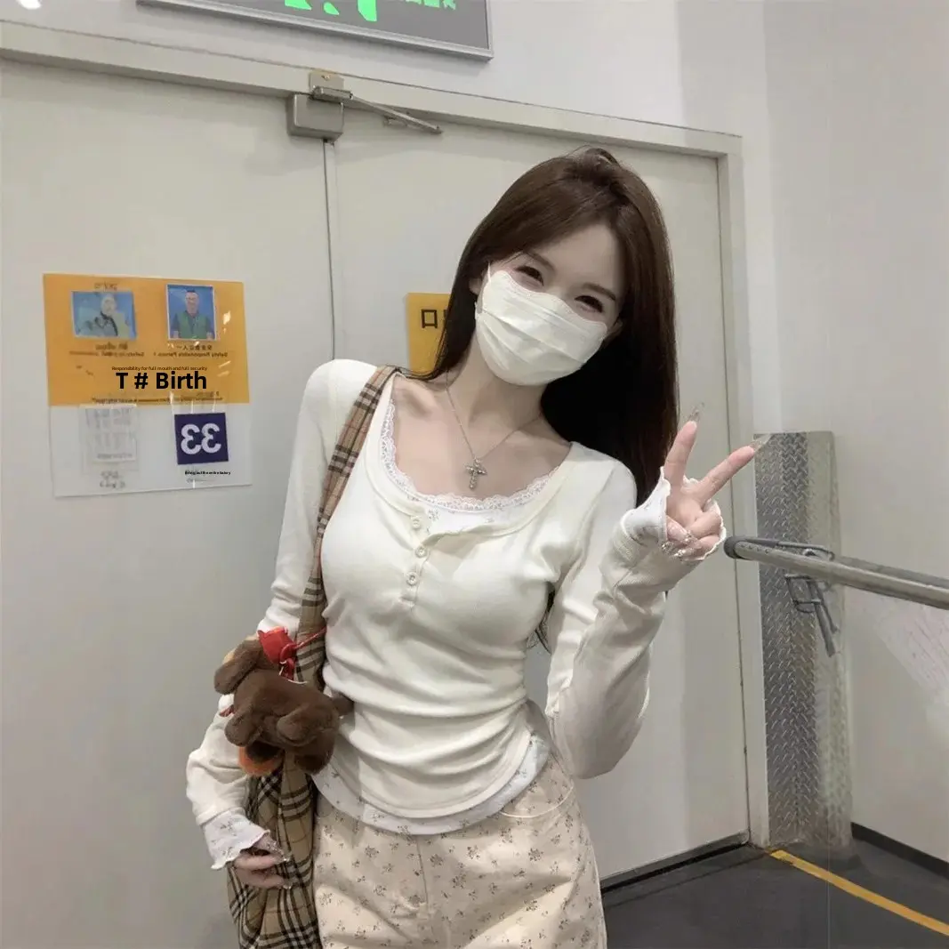 Korean Style Color Blocking Lace Flower Long Sleeve T-Shirt Women's Clothing Autumn 2024 New Age-Reducing Button Inner Top