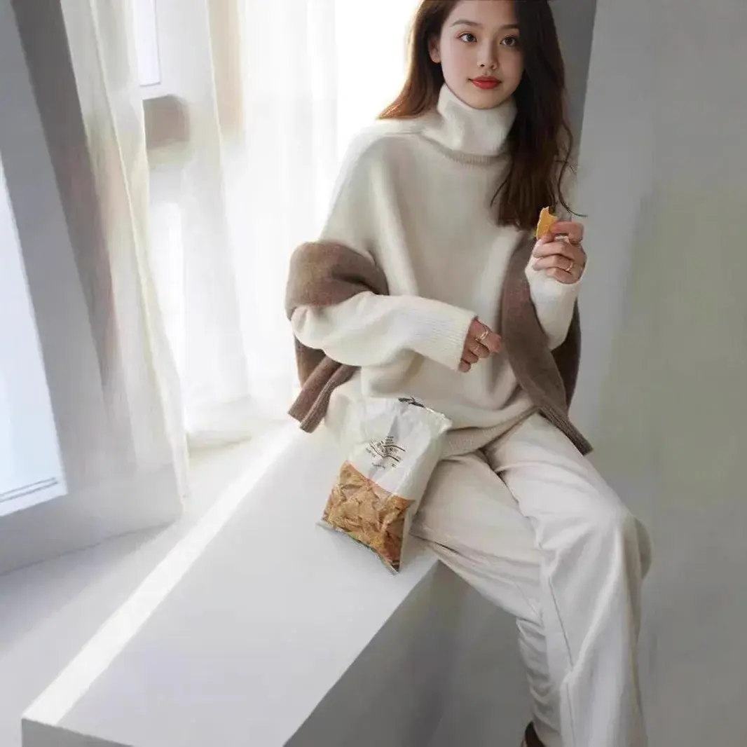 Women's Thickened Loose Knitted Sweater High Collar Lazy Style Base Shirt Outerwear Autumn Winter Fashion Casual Comfortable
